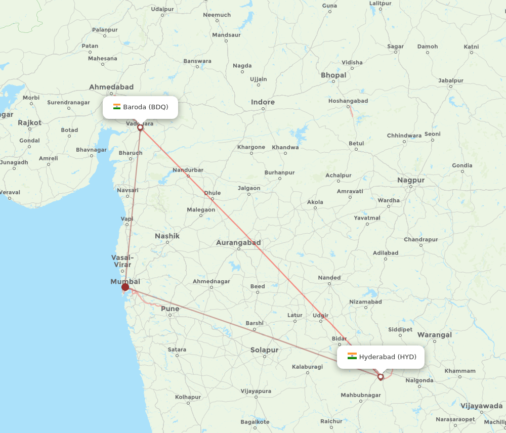 HYD to BDQ flights and routes map
