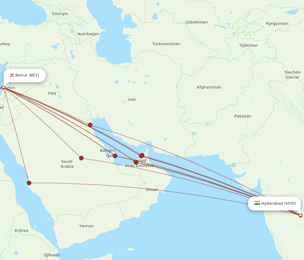 HYD to BEY flights and routes map