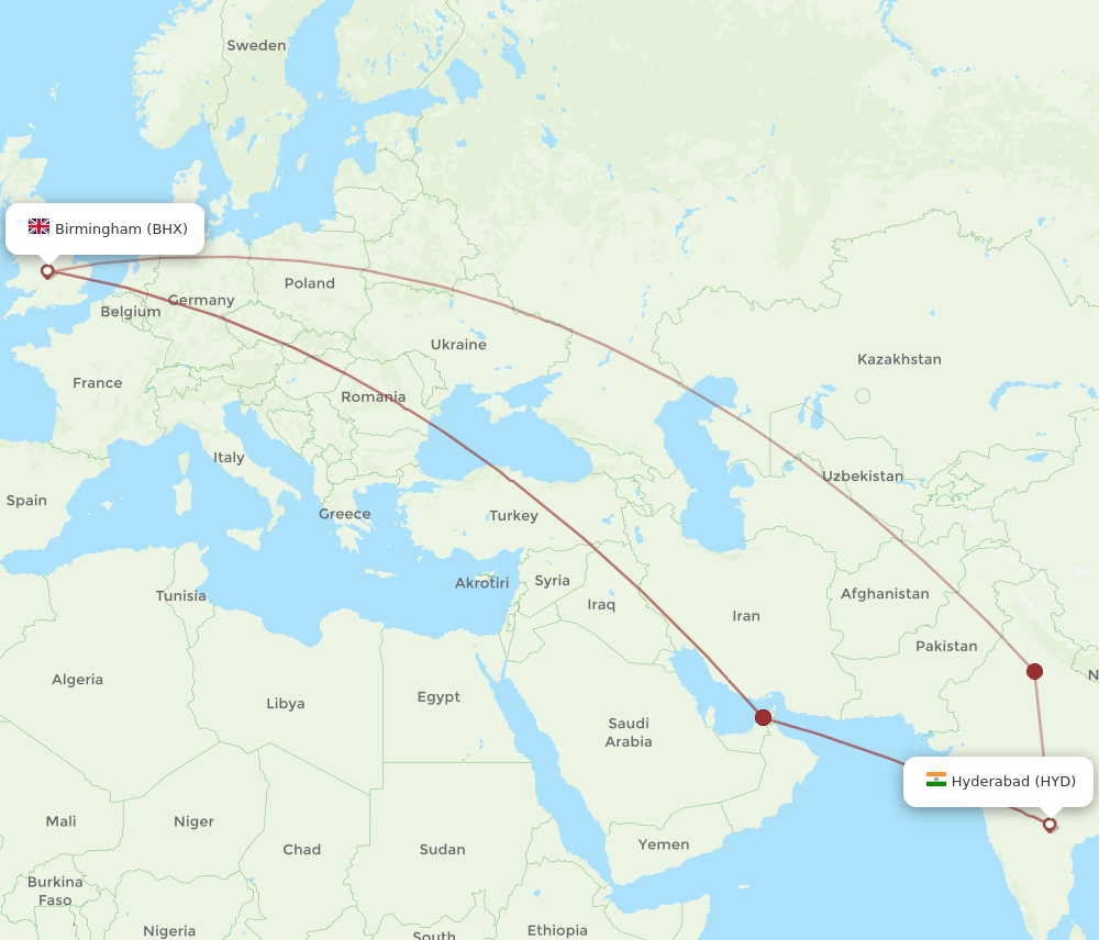 HYD-BHX flight routes