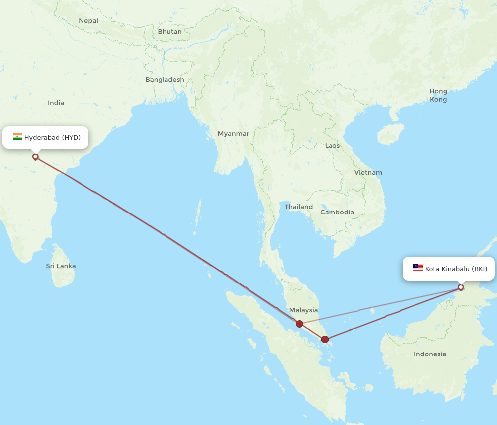 HYD to BKI flights and routes map