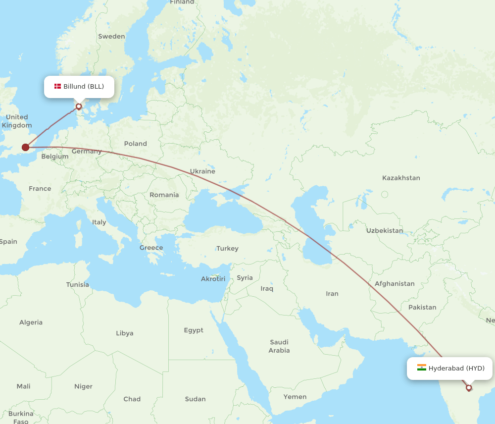 HYD to BLL flights and routes map