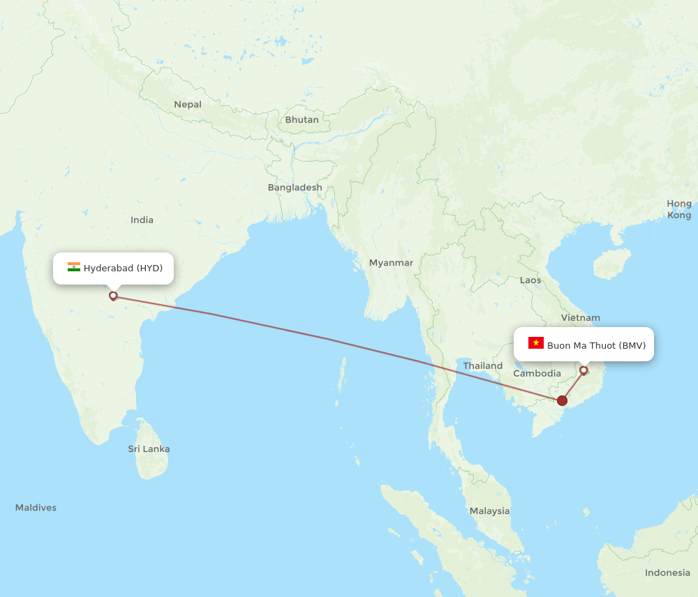 Hyderabad - Buon Ma Thout route map and flight paths