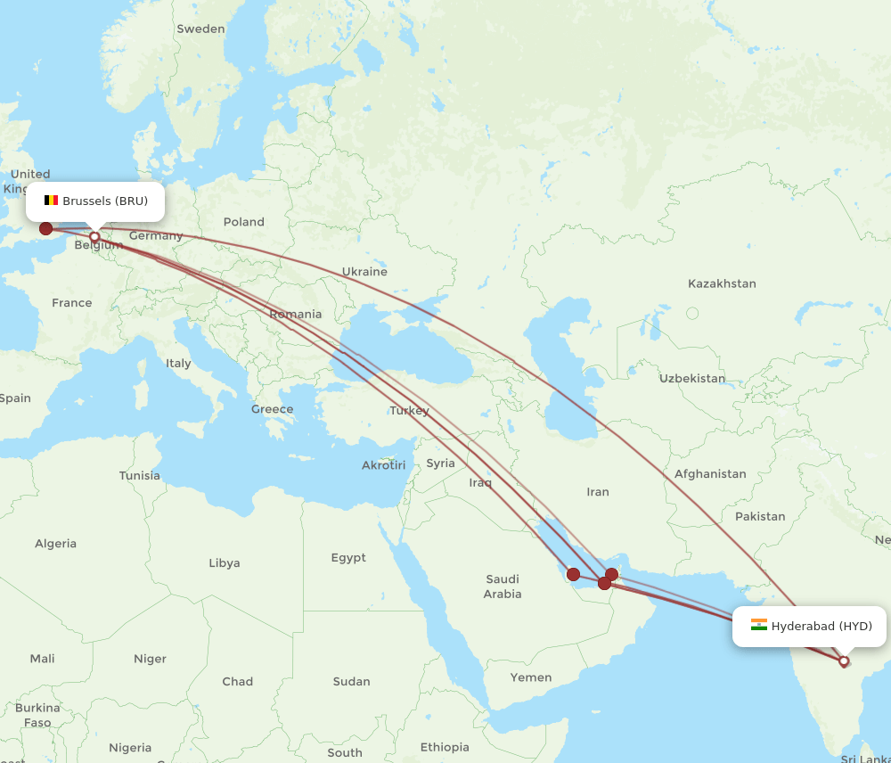 HYD-BRU flight routes