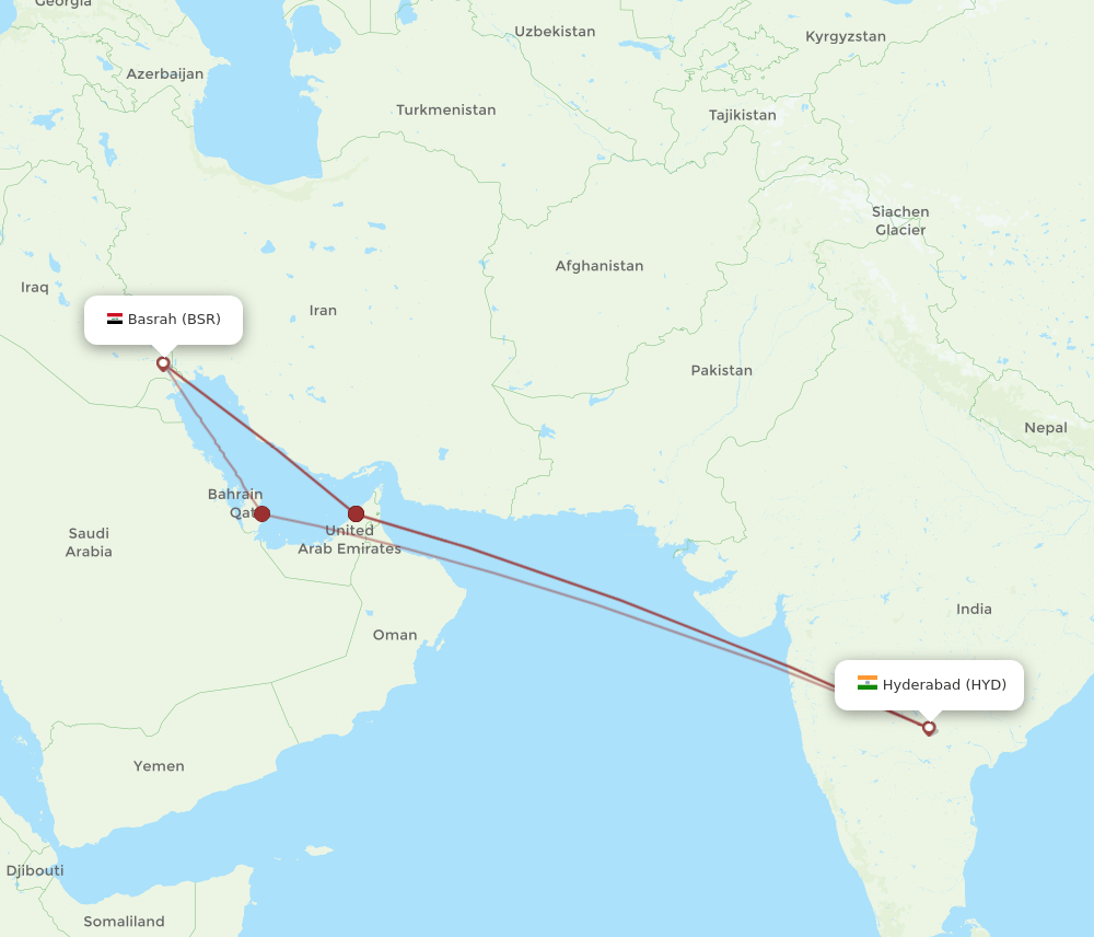 HYD to BSR flights and routes map