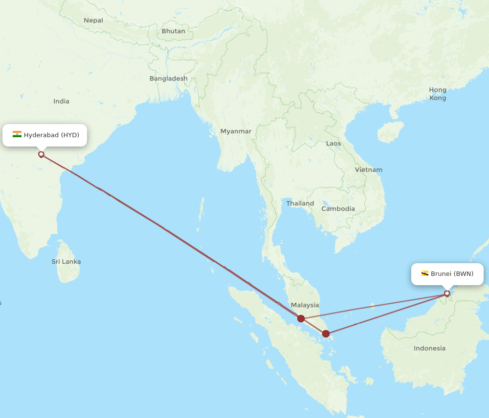 HYD to BWN flights and routes map