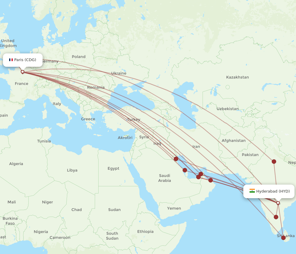 HYD to CDG flights and routes map