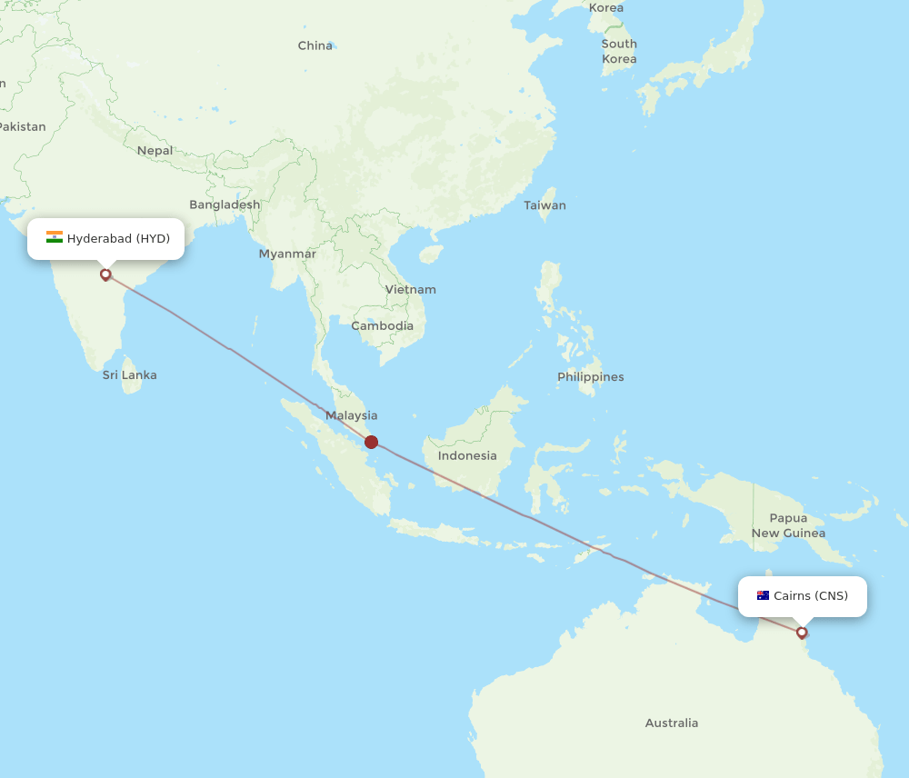 Cairns - Hyderabad route map and flight paths