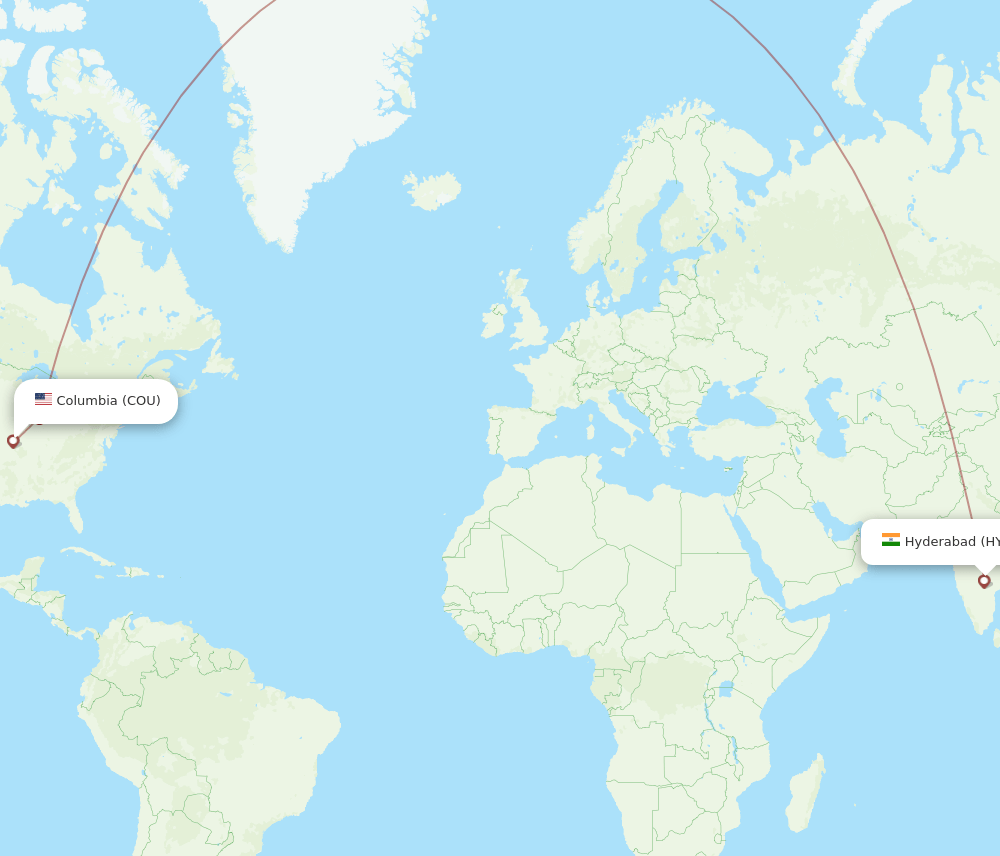 Hyderabad - Columbia route map and flight paths