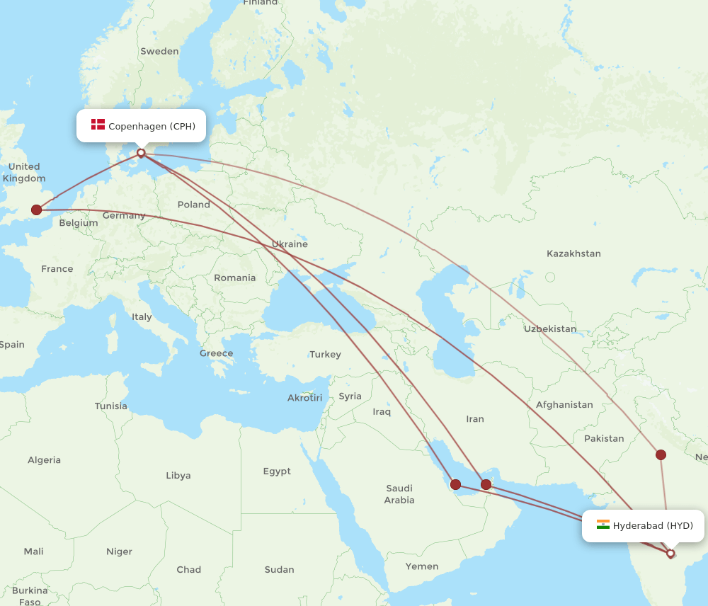 HYD to CPH flights and routes map