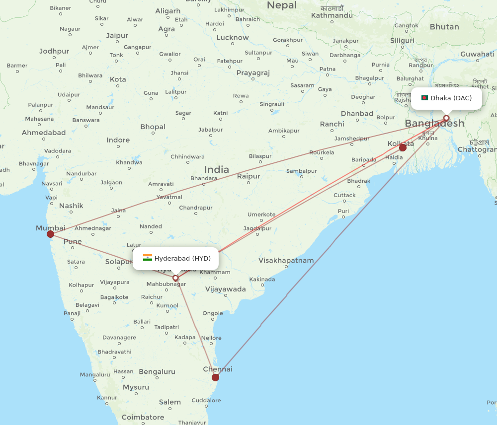 HYD to DAC flights and routes map