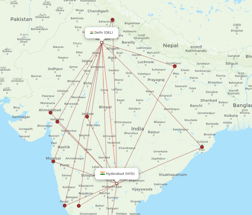 HYD to DEL flights and routes map