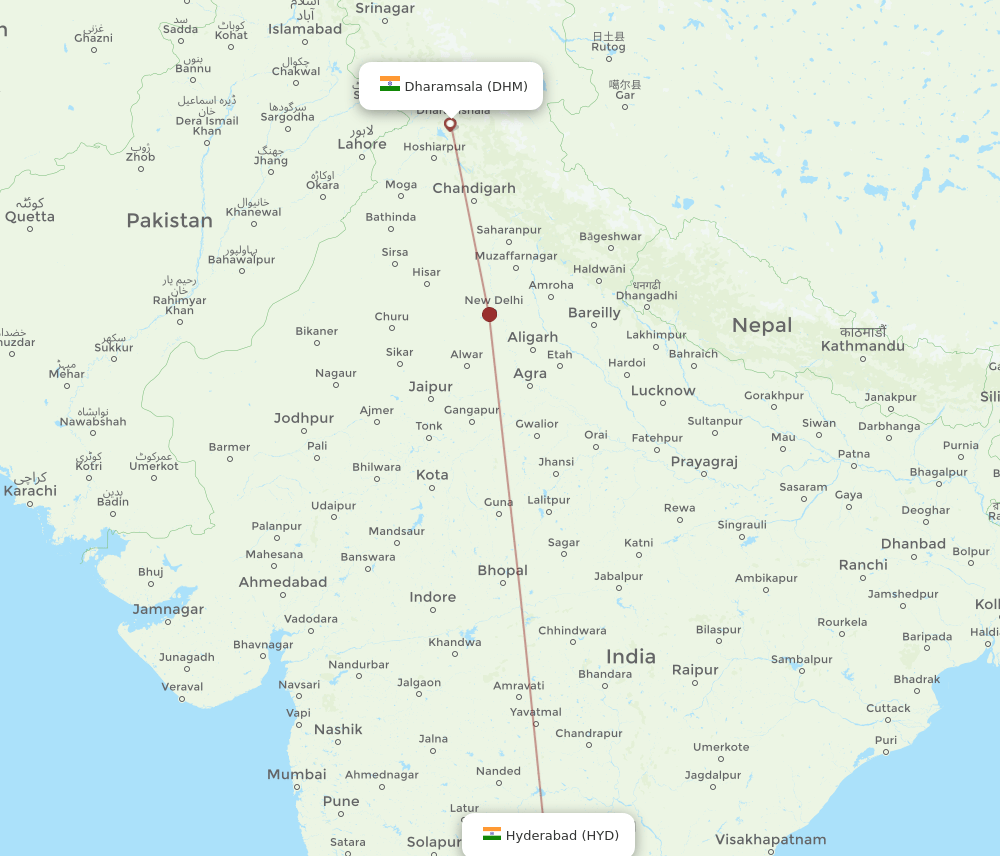 Dharamsala - Hyderabad route map and flight paths