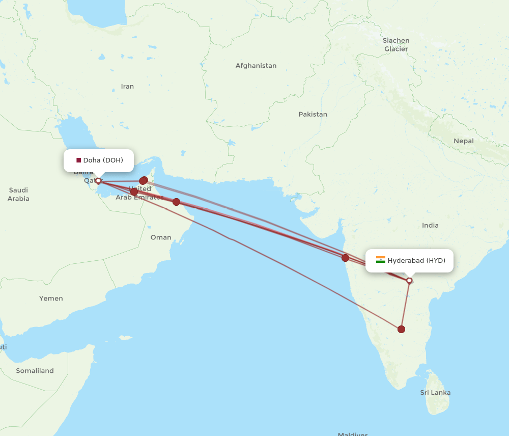 HYD to DOH flights and routes map