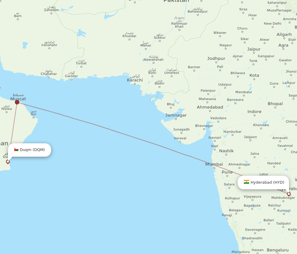 Duqm - Hyderabad route map and flight paths