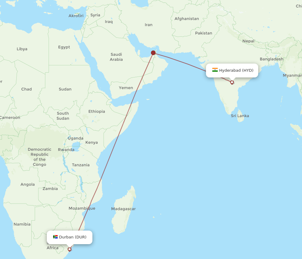 Durban - Hyderabad route map and flight paths