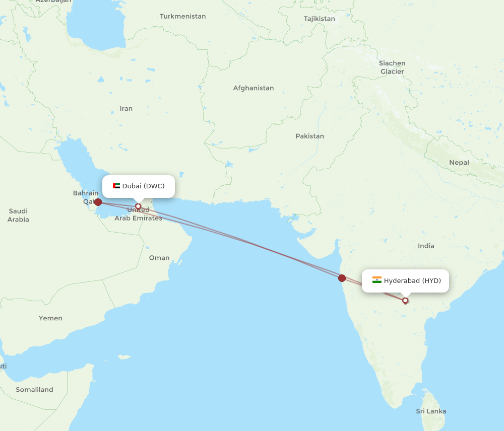 HYD to DWC flights and routes map