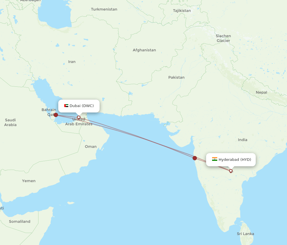 Hyderabad - Dubai route map and flight paths