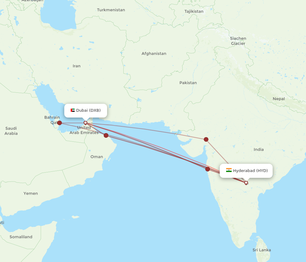 HYD to DXB flights and routes map