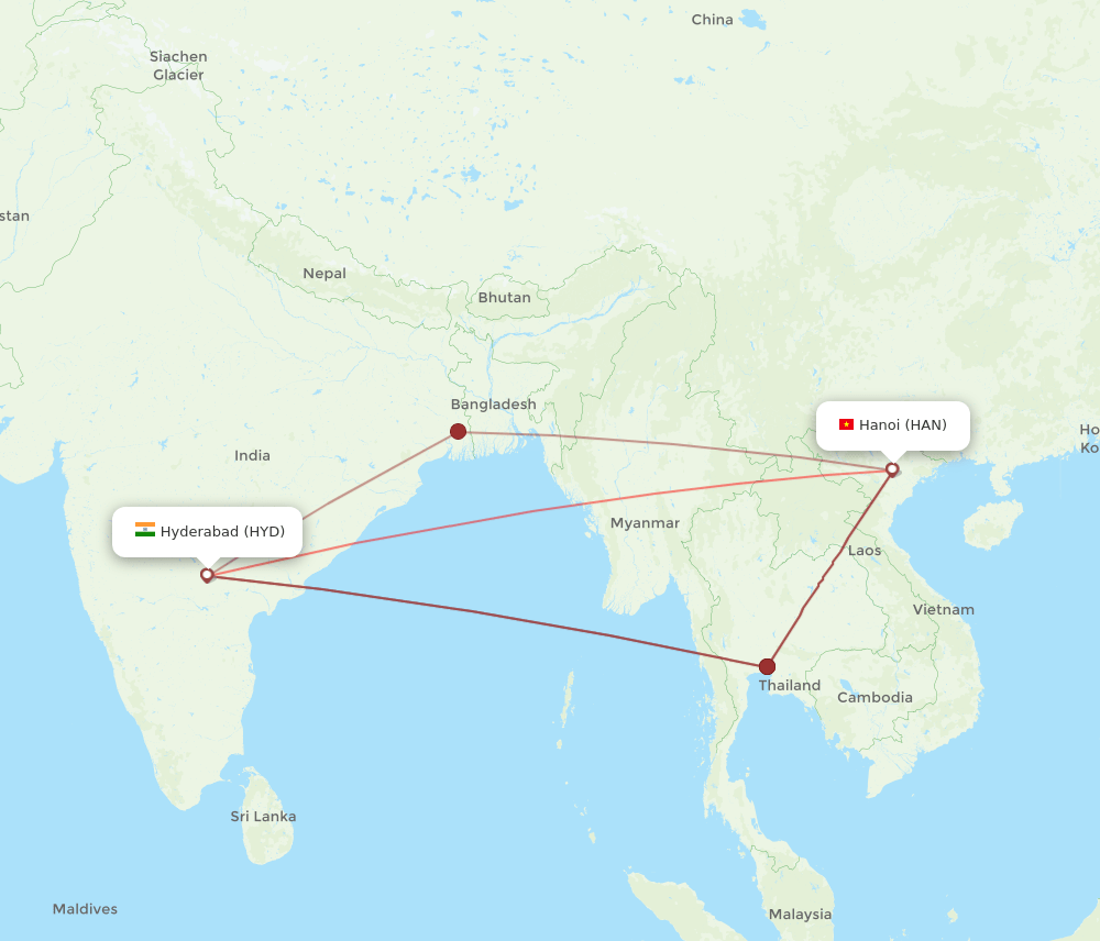 HYD to HAN flights and routes map