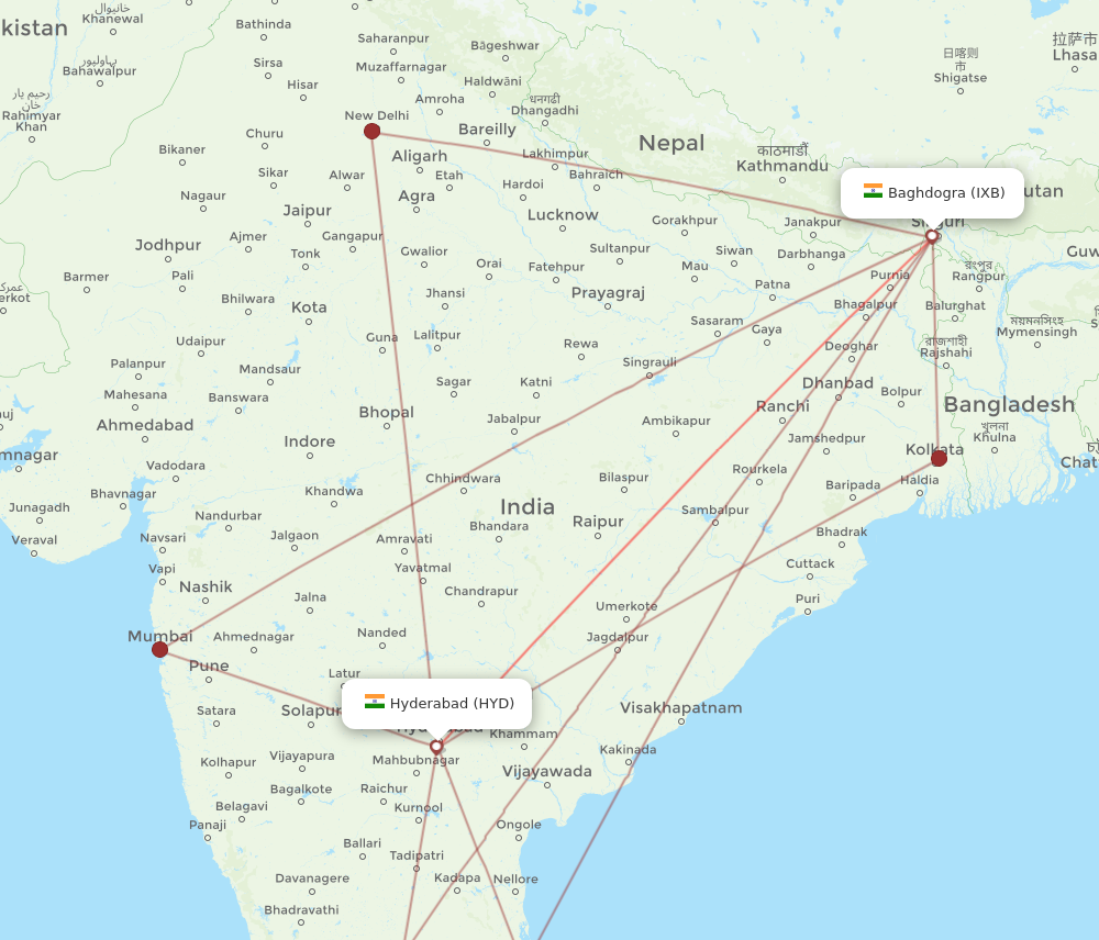HYD to IXB flights and routes map