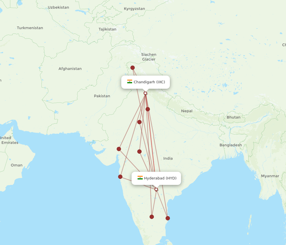 HYD to IXC flights and routes map
