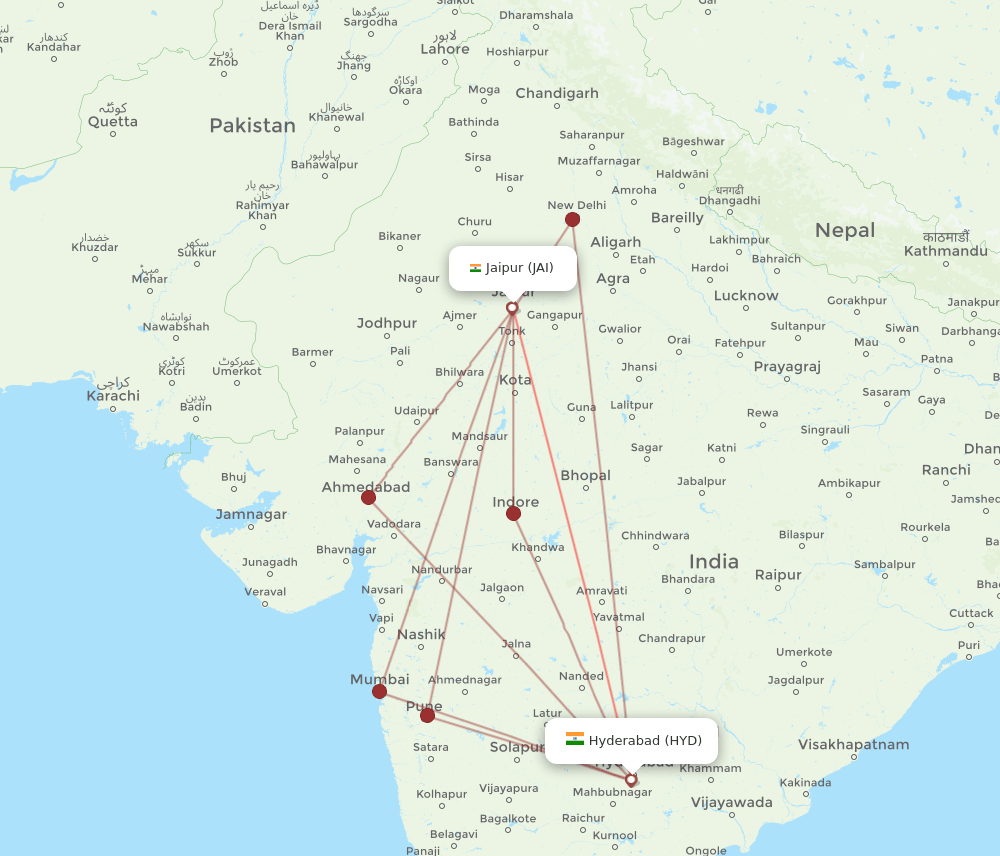 HYD to JAI flights and routes map