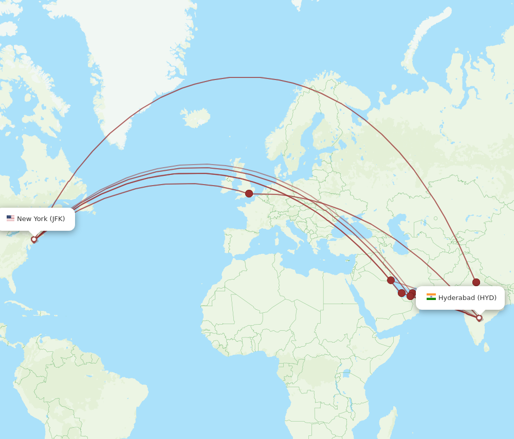 HYD to JFK flights and routes map