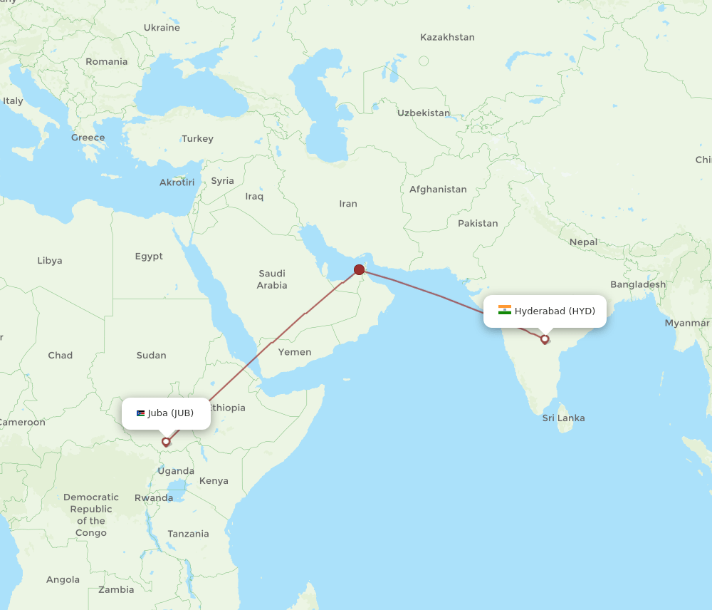 HYD to JUB flights and routes map