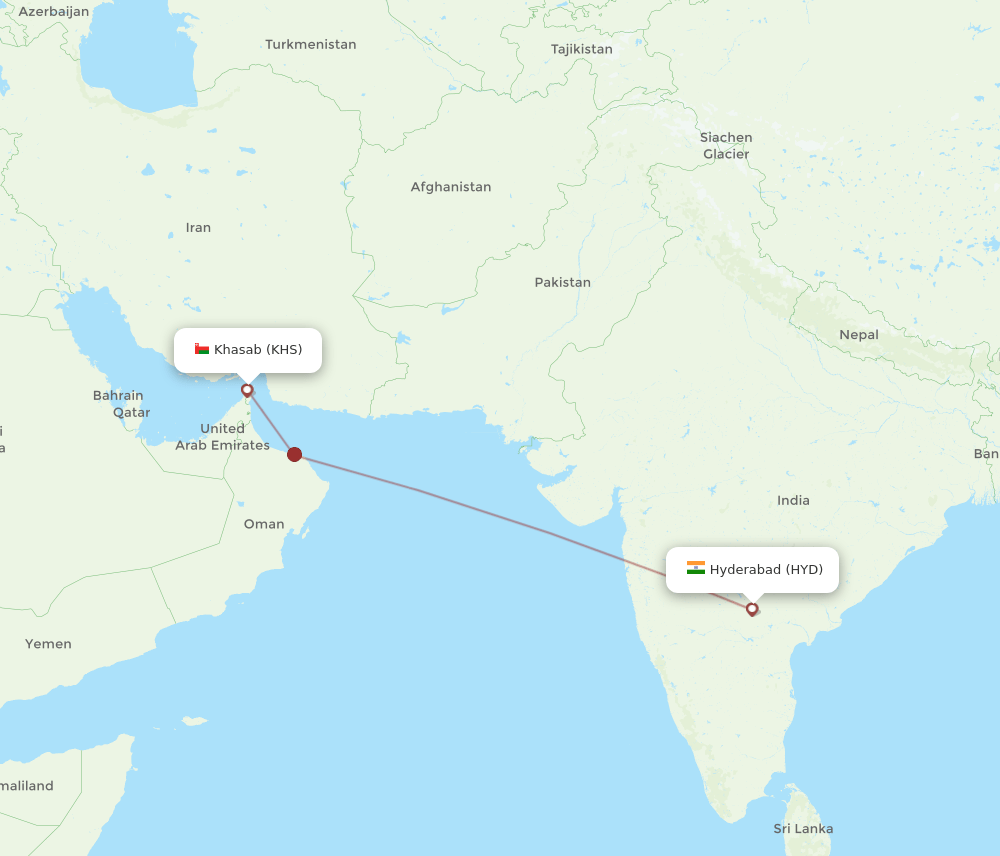 Khasab - Hyderabad route map and flight paths