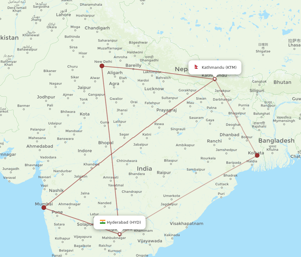 HYD to KTM flights and routes map