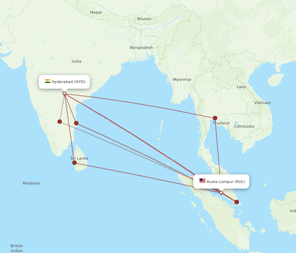 HYD to KUL flights and routes map