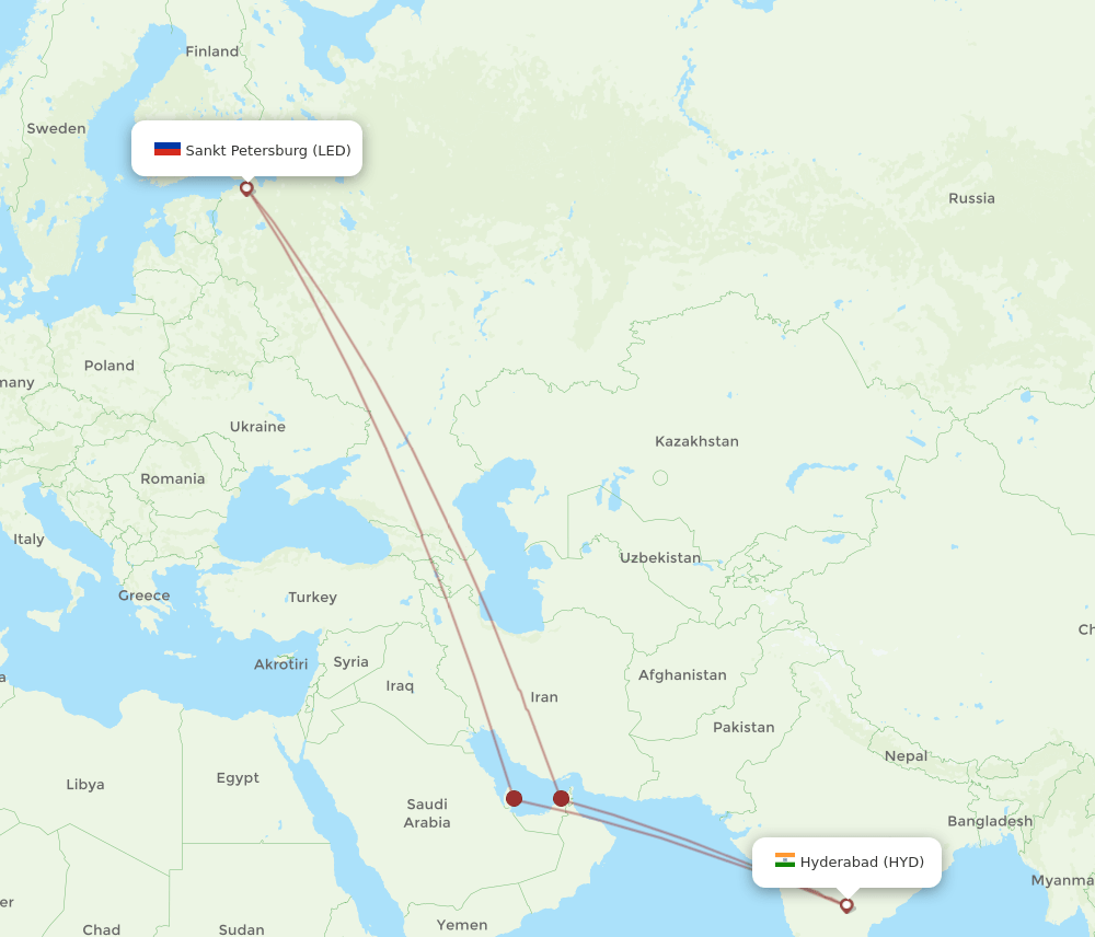 HYD to LED flights and routes map