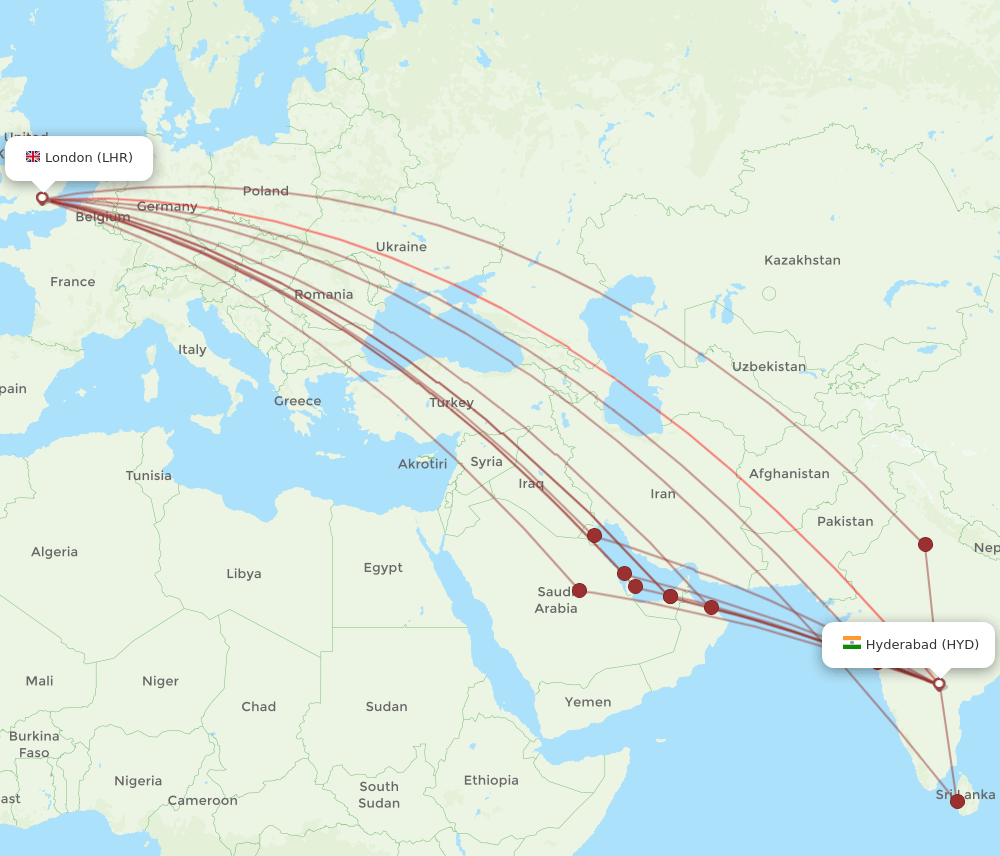 HYD to LHR flights and routes map