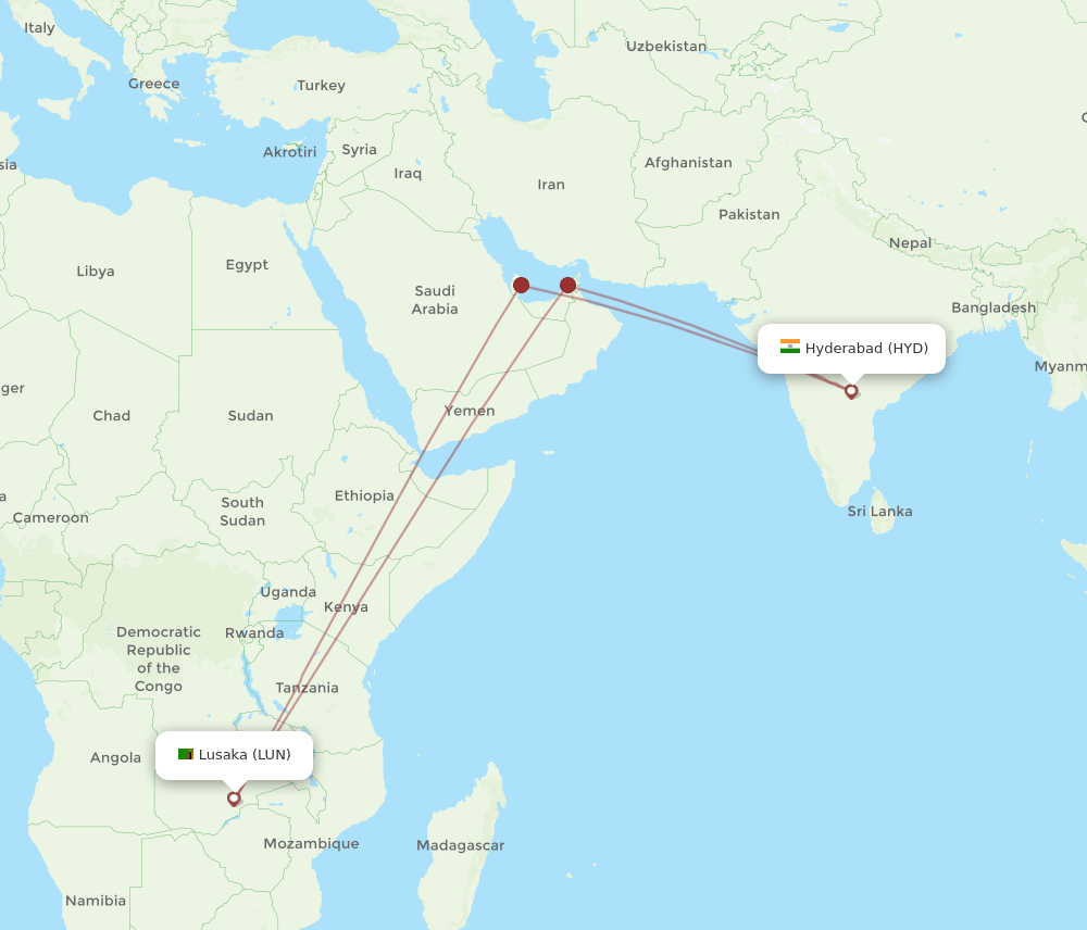 HYD to LUN flights and routes map