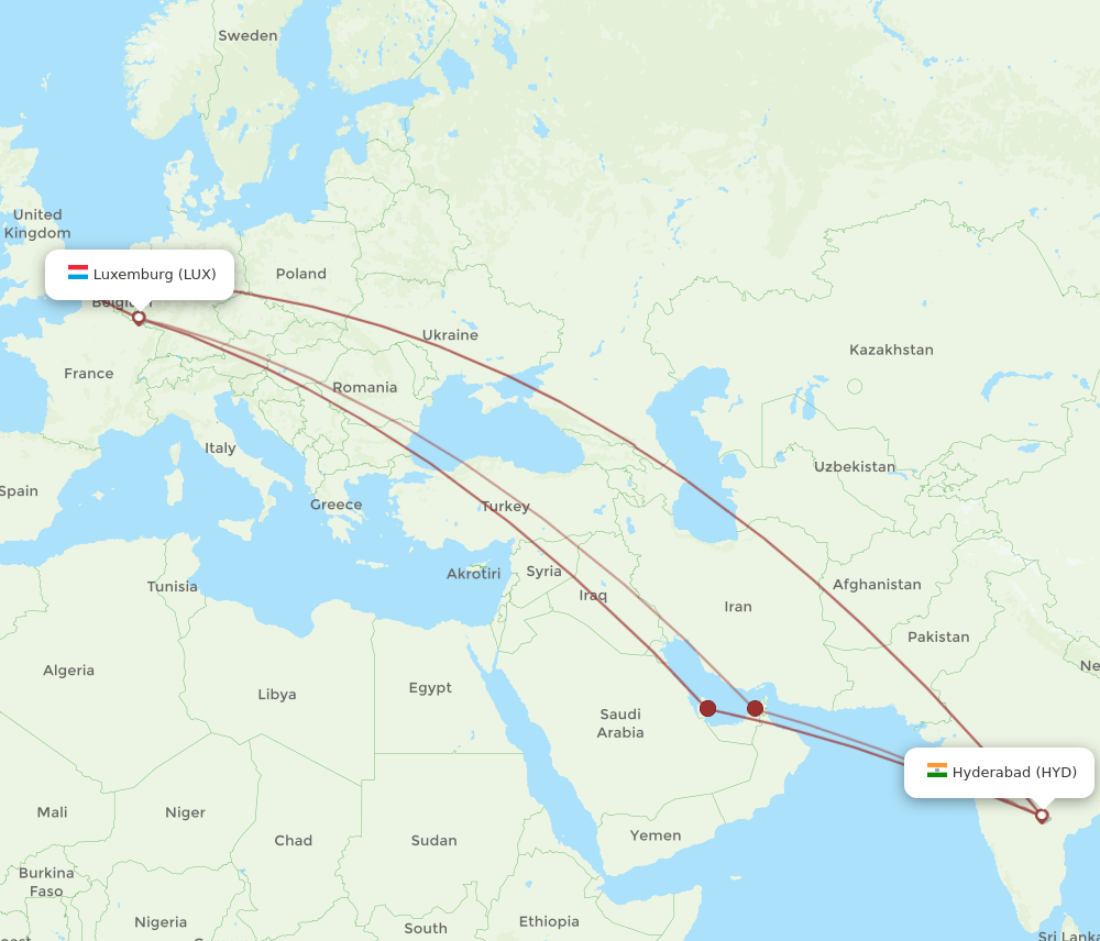 HYD-LUX flight routes
