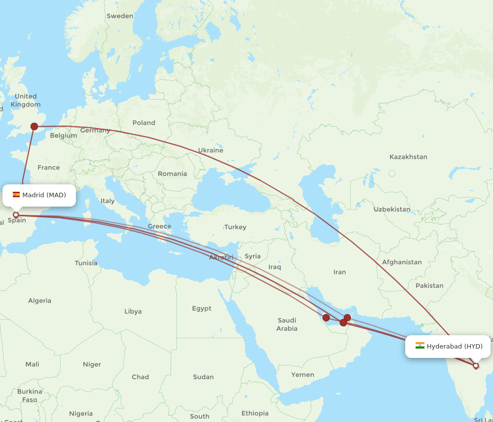 HYD to MAD flights and routes map