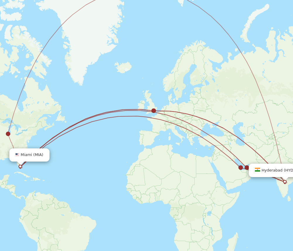 HYD to MIA flights and routes map