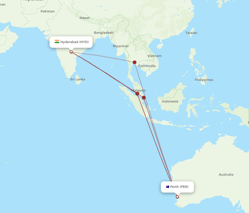 Perth - Hyderabad route map and flight paths