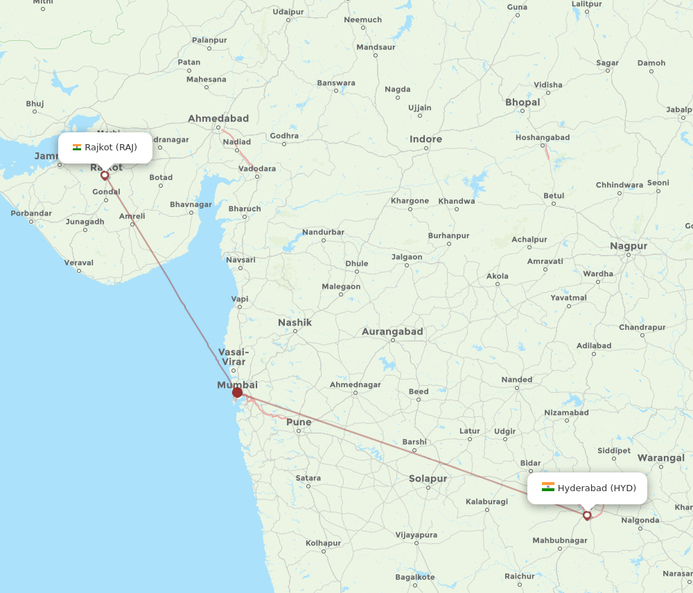 Hyderabad - Rajkot route map and flight paths