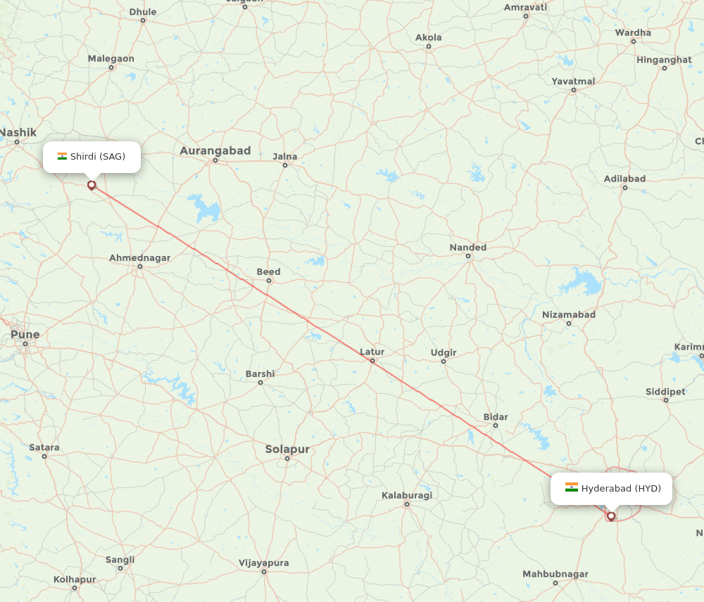 Hyderabad - Shirdi route map and flight paths