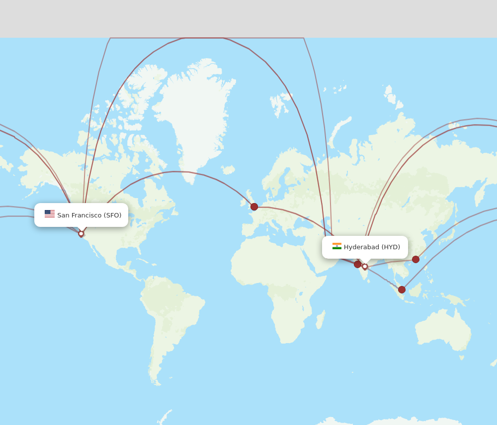 HYD to SFO flights and routes map