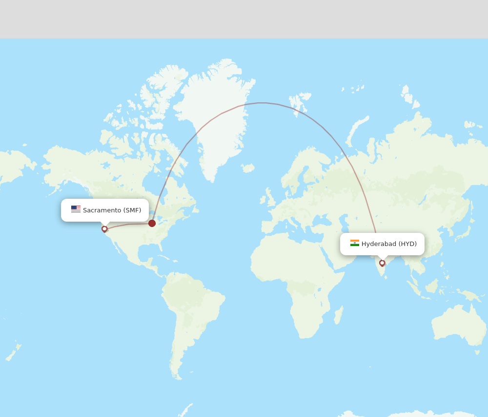 Hyderabad - Sacramento route map and flight paths