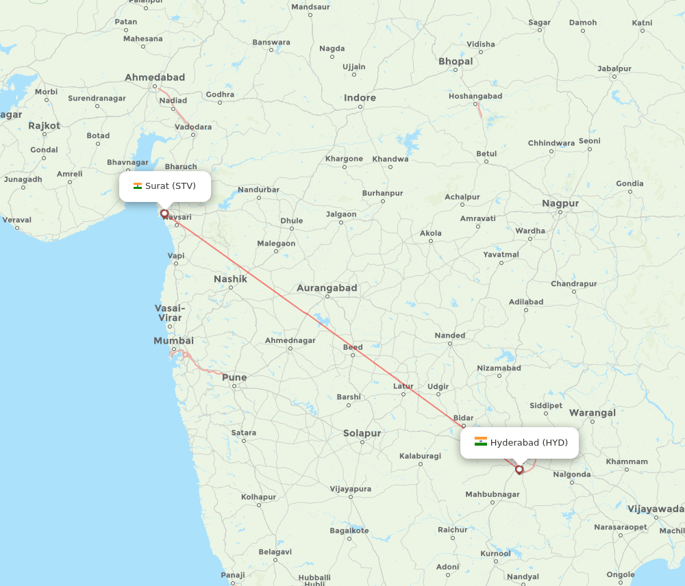 HYD to STV flights and routes map