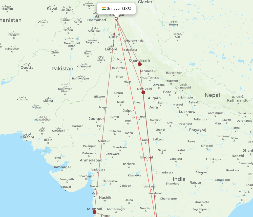 HYD-SXR flight routes