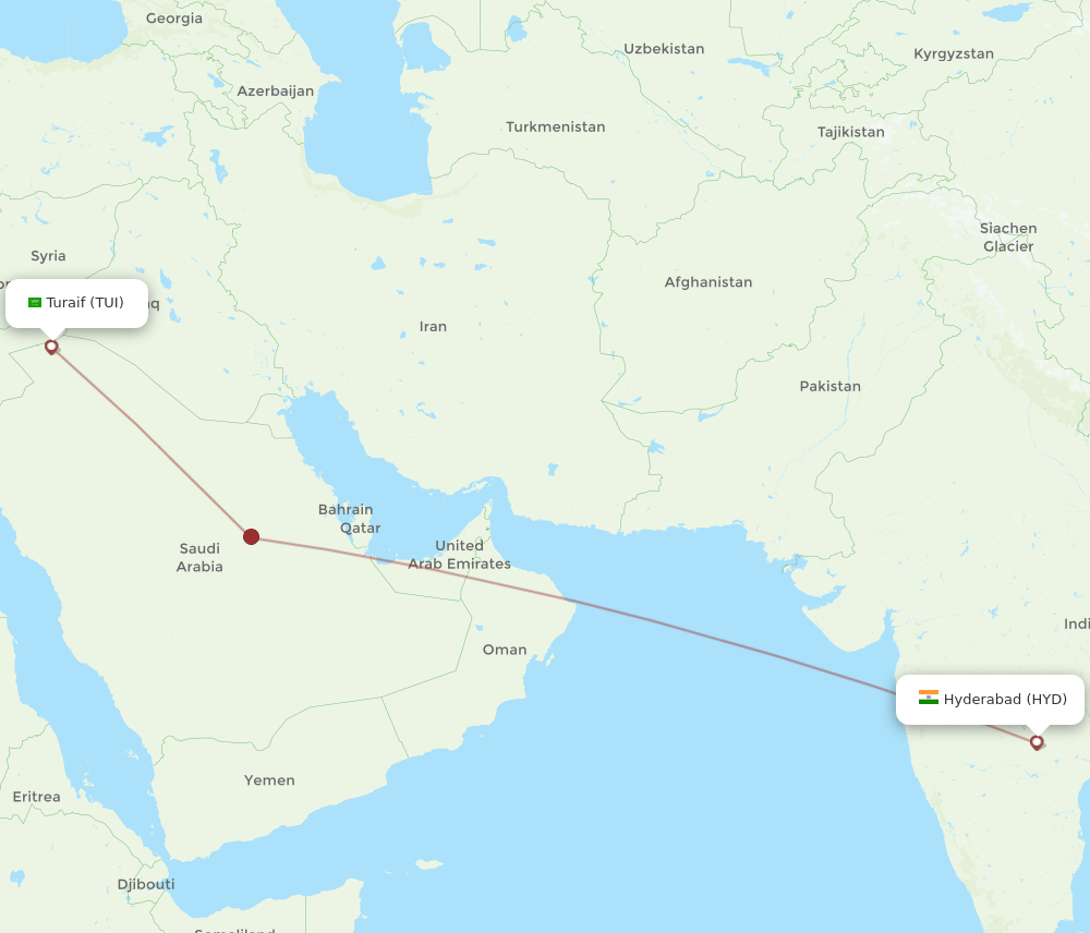 Hyderabad - Turaif route map and flight paths