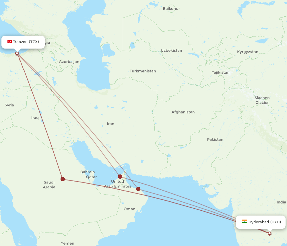 HYD-TZX flight routes