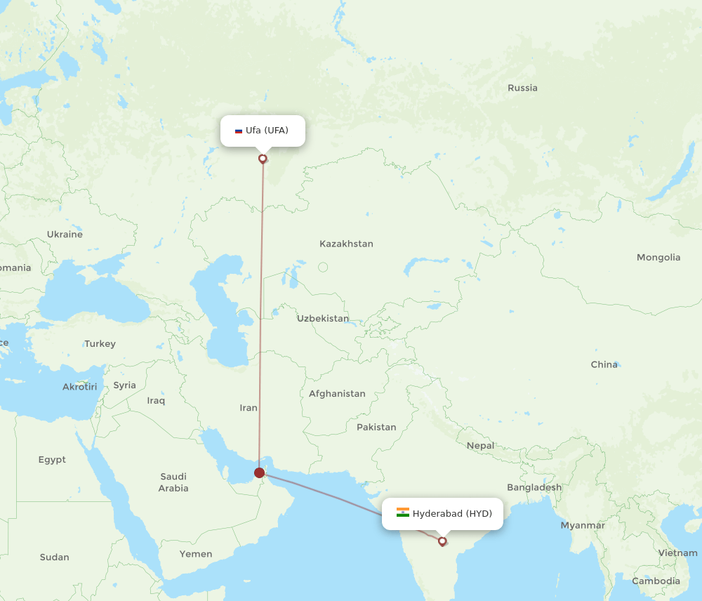 Hyderabad - Ufa route map and flight paths