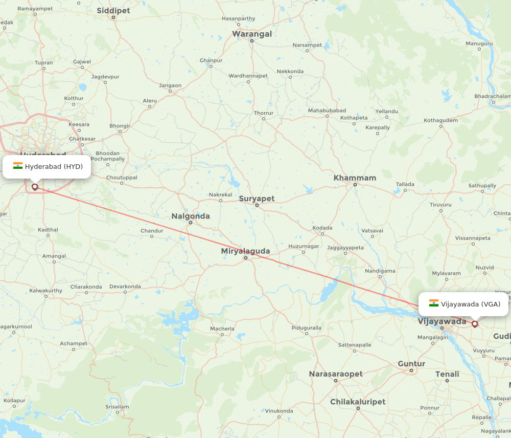 Hyderabad - Vijayawada route map and flight paths