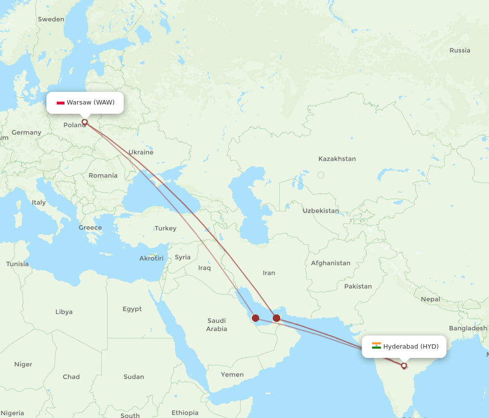 HYD-WAW flight routes