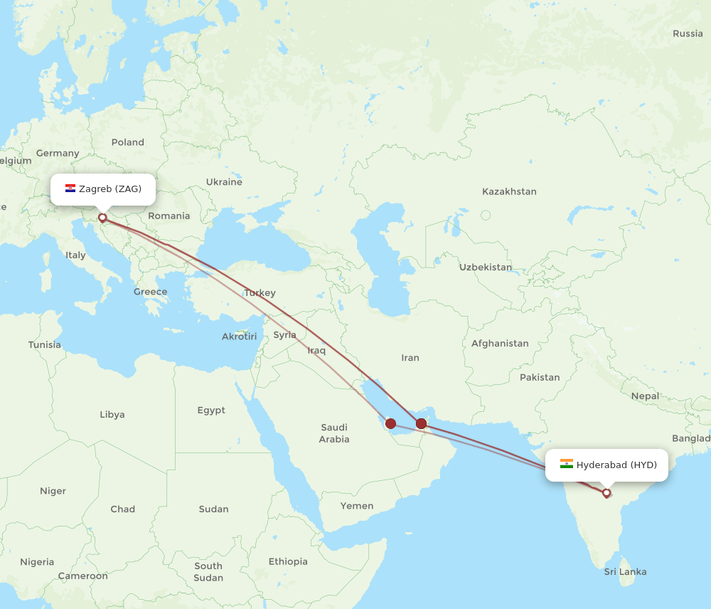 HYD-ZAG flight routes